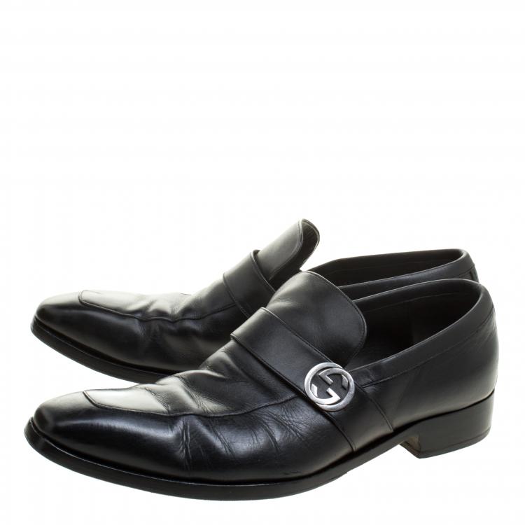 Pre Owned Gucci Black Leather GG Oxfords Size 43.5