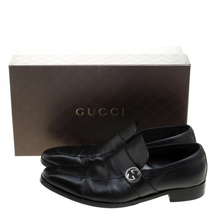 Pre Owned Gucci Black Leather GG Oxfords Size 43.5