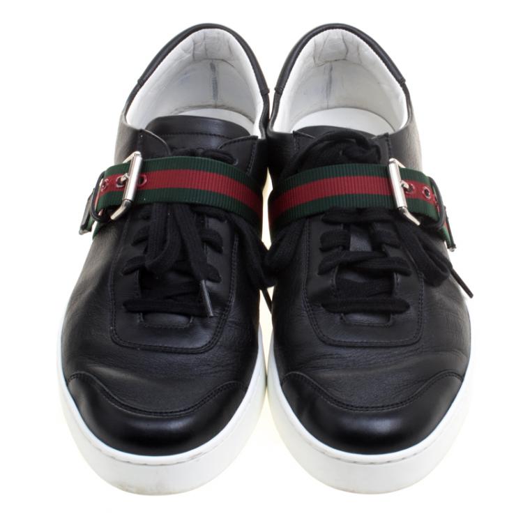 Pre Owned Gucci Black Leather Saville Web Detail Buckle Sneakers Size 44.5