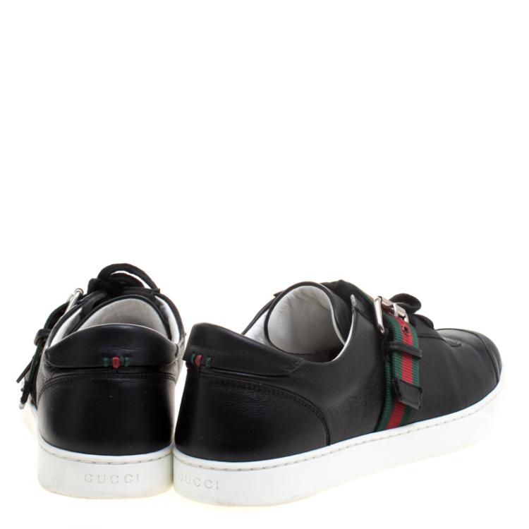 Pre Owned Gucci Black Leather Saville Web Detail Buckle Sneakers Size 44.5