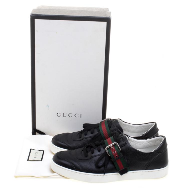 Pre Owned Gucci Black Leather Saville Web Detail Buckle Sneakers Size 44.5