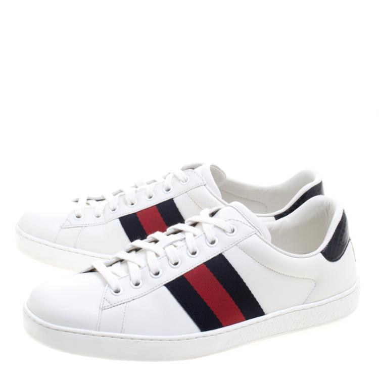 Pre Owned Gucci White Leather Python Trim Web Detail Ace Low Top Sneakers Size 42