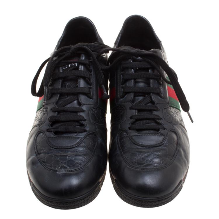 Pre Owned Gucci Black Guccissima Leather Web Detail Lace Up Sneakers Size 43