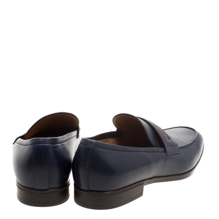 Pre Owned Gucci Blue Leather Signature Web Loafers Size 42