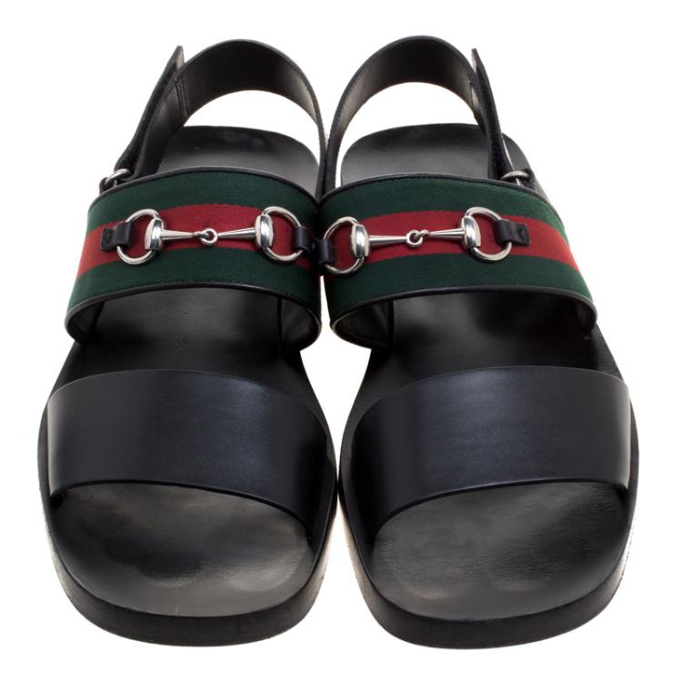 مملوكة مسبقًا Gucci Black Leather Horsebit Web Sandals Size 45.5