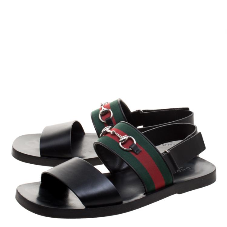 مملوكة مسبقًا Gucci Black Leather Horsebit Web Sandals Size 45.5