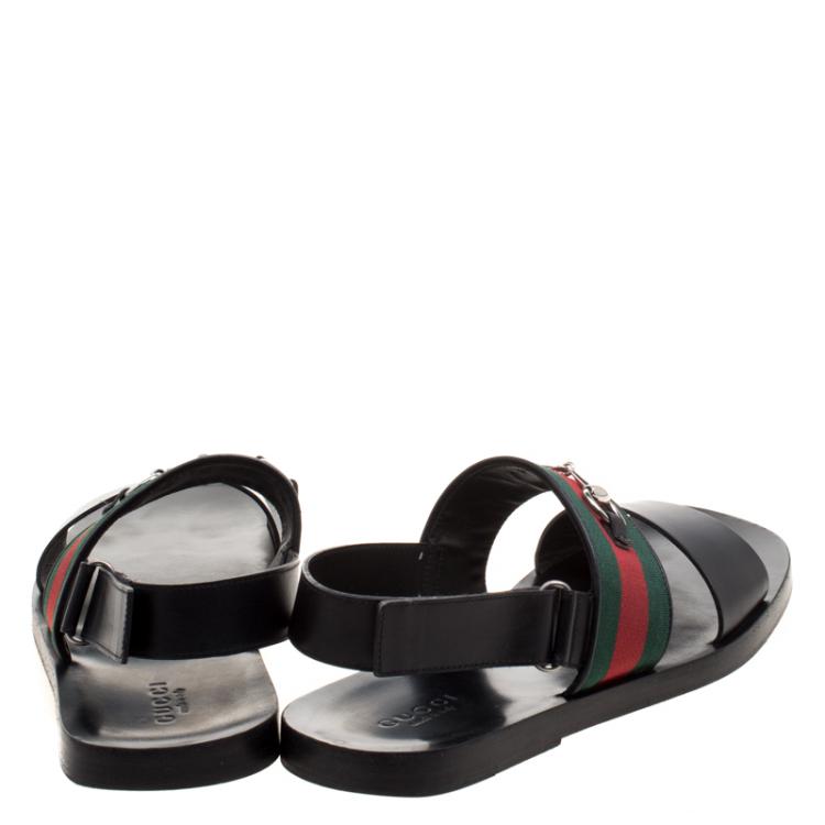مملوكة مسبقًا Gucci Black Leather Horsebit Web Sandals Size 45.5