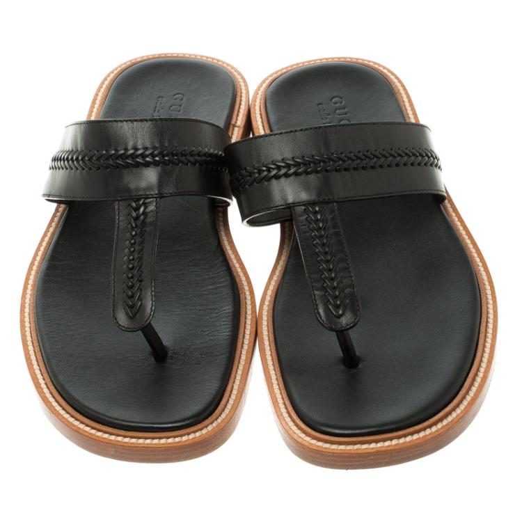 Pre Owned Gucci Black Leather Thong Slipper Size 42