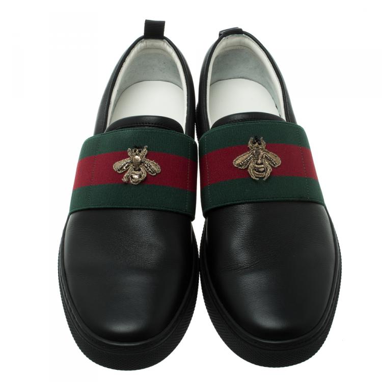 Pre Owned Gucci Black Leather Web and Bee Slip On Sneakers Size 41.5