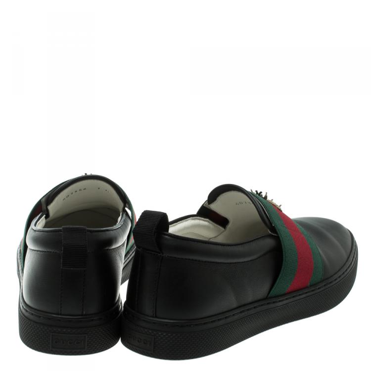 Pre Owned Gucci Black Leather Web and Bee Slip On Sneakers Size 41.5