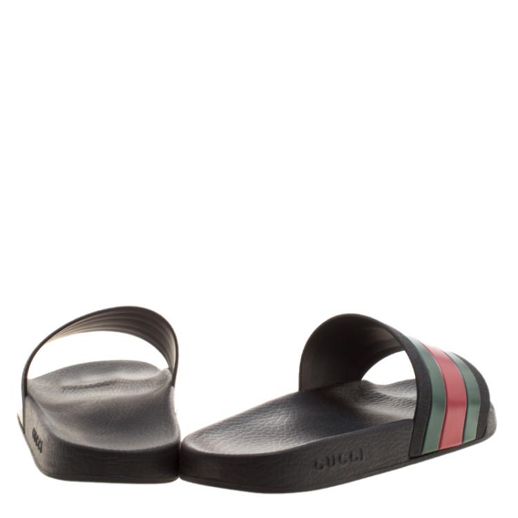 Pre Owned Gucci Black Rubber Web Detail Flat Slides Size 47
