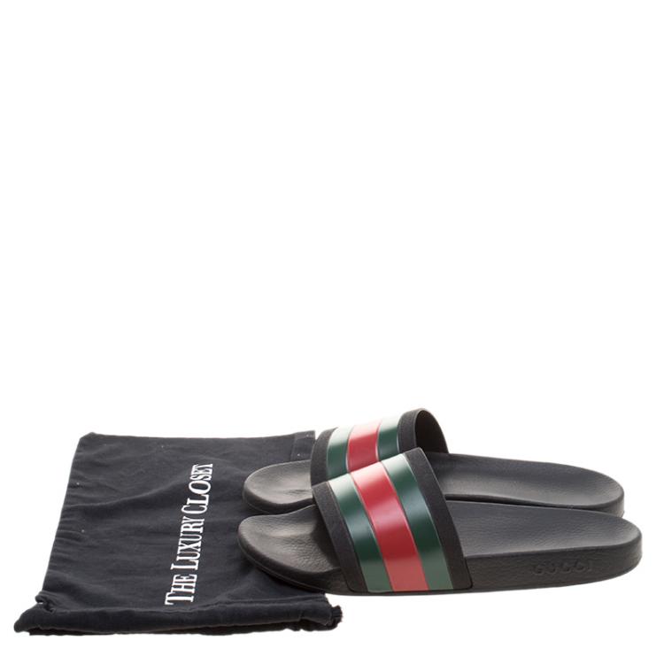 Pre Owned Gucci Black Rubber Web Detail Flat Slides Size 47