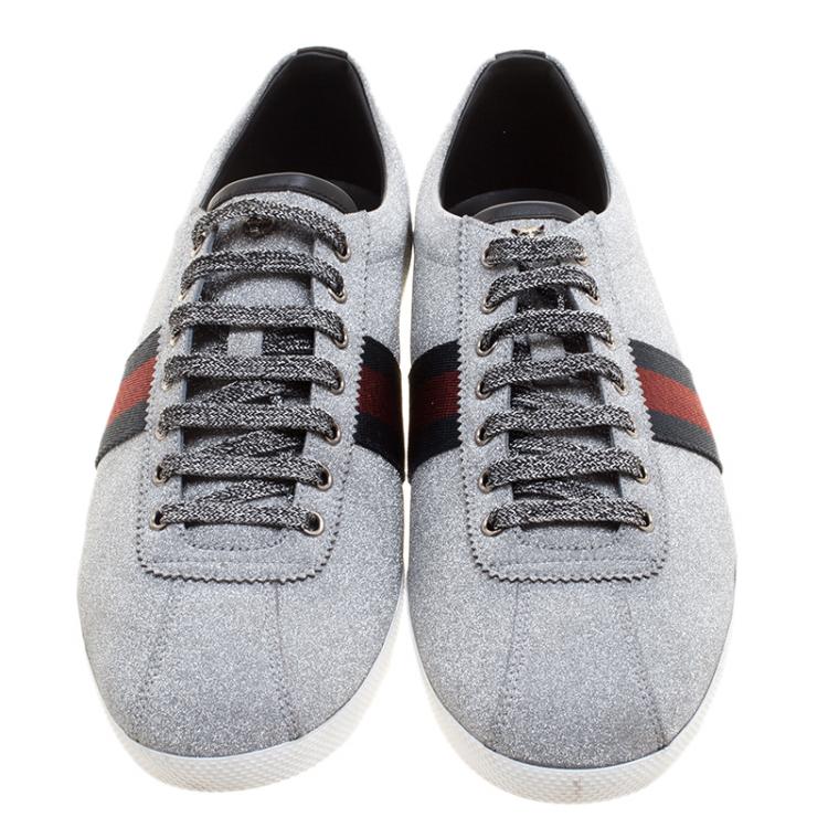 Pre Owned Gucci Silver Glitter Coated Fabric Web Detail Studded Low Top Sneakers Size 47.5