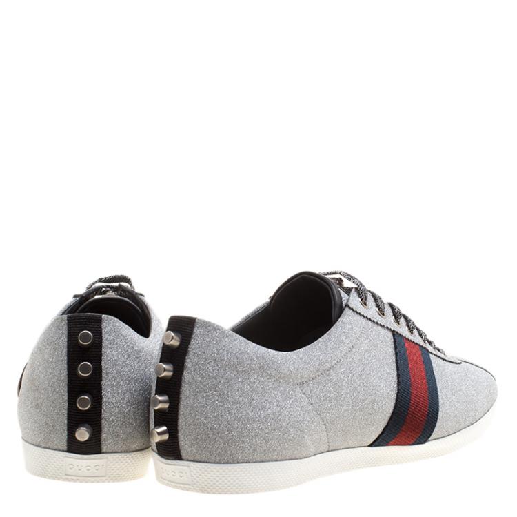 Pre Owned Gucci Silver Glitter Coated Fabric Web Detail Studded Low Top Sneakers Size 47.5