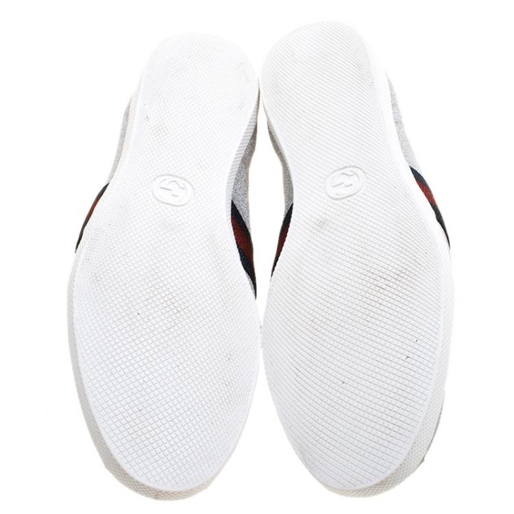 Pre Owned Gucci Silver Glitter Coated Fabric Web Detail Studded Low Top Sneakers Size 47.5