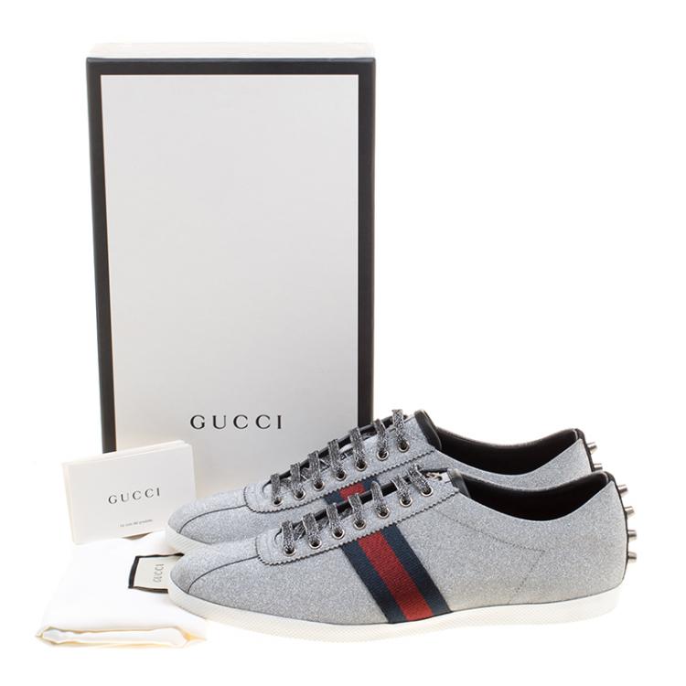 Pre Owned Gucci Silver Glitter Coated Fabric Web Detail Studded Low Top Sneakers Size 47.5