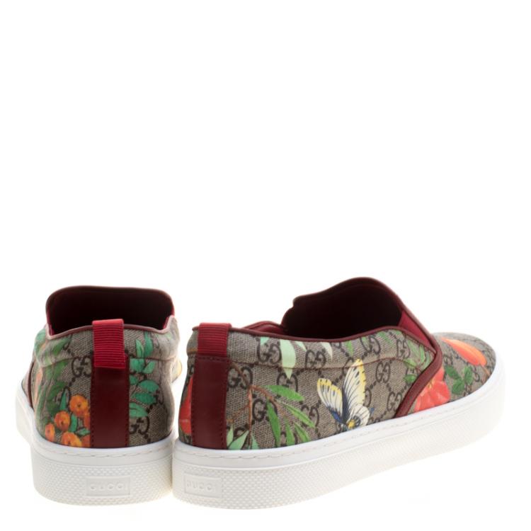 Pre Owned Gucci Beige GG Supreme Canvas Tian Bird Printed Slip On Sneakers Size 47.5