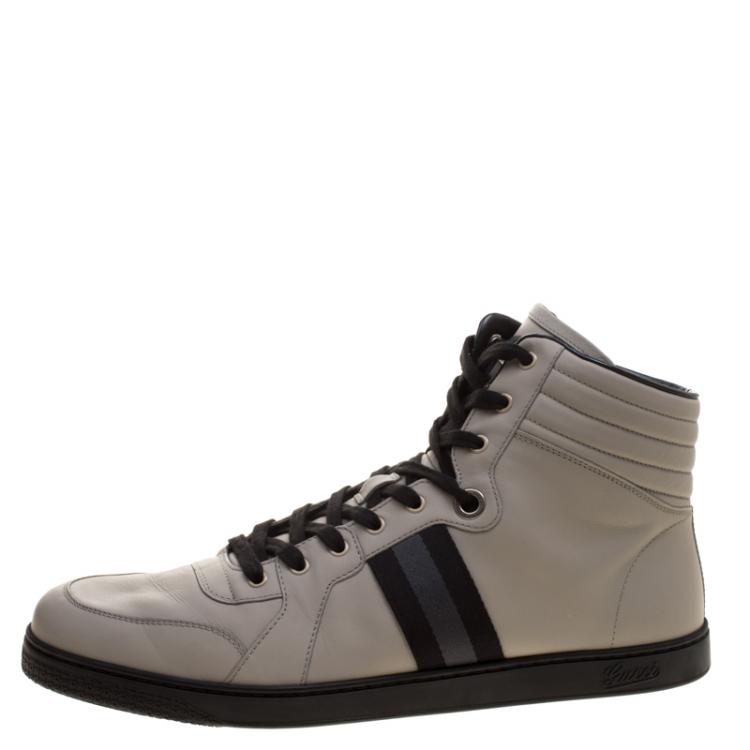 Pre Owned Gucci Grey Leather Web Detail High Top Sneakers Size 48.5