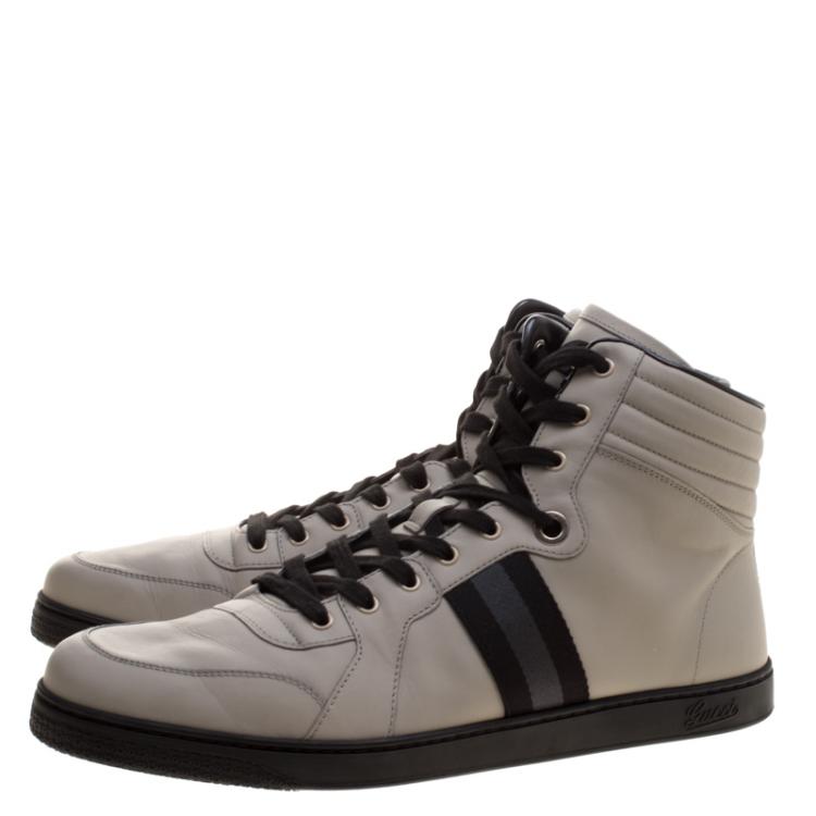 Pre Owned Gucci Grey Leather Web Detail High Top Sneakers Size 48.5