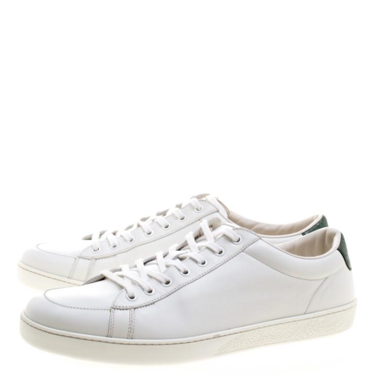 Pre Owned Gucci White Leather Green Snakeskin Trim Low Top Sneakers Size 46.5