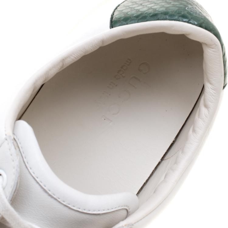 Pre Owned Gucci White Leather Green Snakeskin Trim Low Top Sneakers Size 46.5