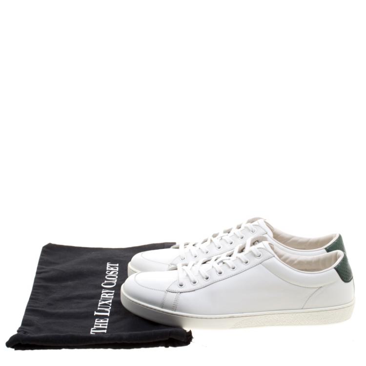 Pre Owned Gucci White Leather Green Snakeskin Trim Low Top Sneakers Size 46.5