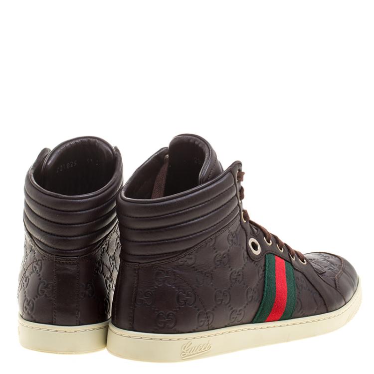Pre Owned Gucci Brown Guccissima Leather Web Detail High Top Sneakers Size 44