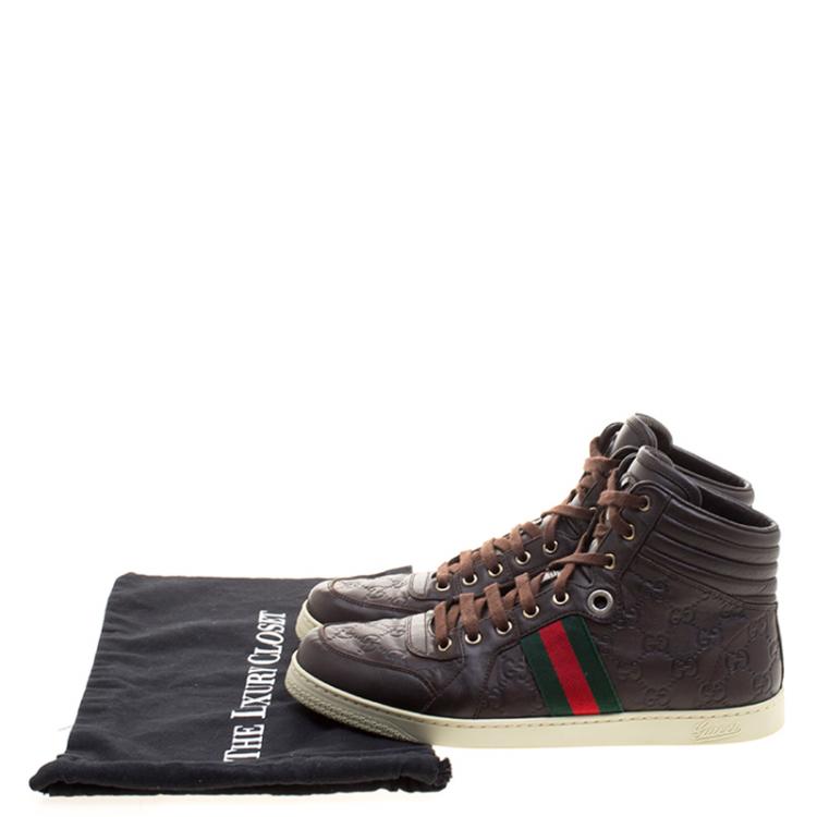 Pre Owned Gucci Brown Guccissima Leather Web Detail High Top Sneakers Size 44