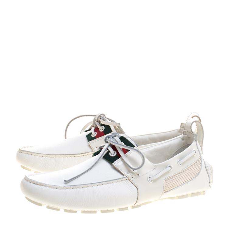 Pre Owned Gucci White Leather and Mesh Web Detail Bow Loafers Size 40.5