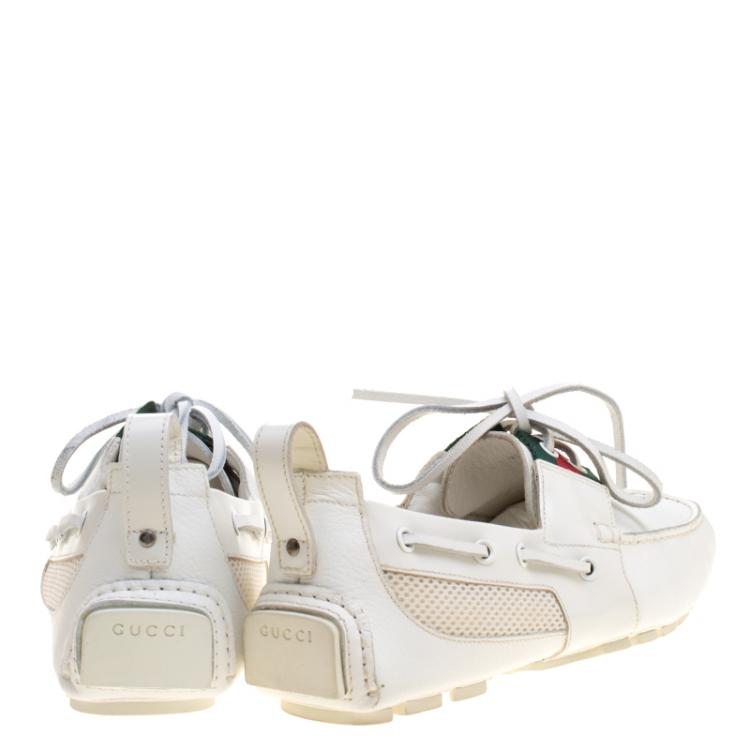 Pre Owned Gucci White Leather and Mesh Web Detail Bow Loafers Size 40.5