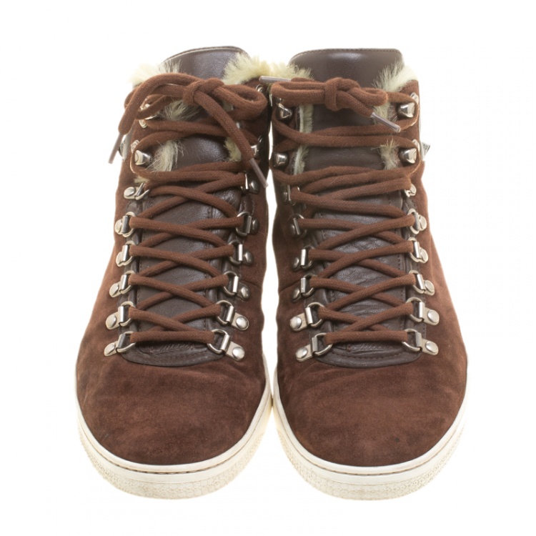 Pre Owned Gucci Brown Suede with Fur Trim High Top Sneakers Size 42