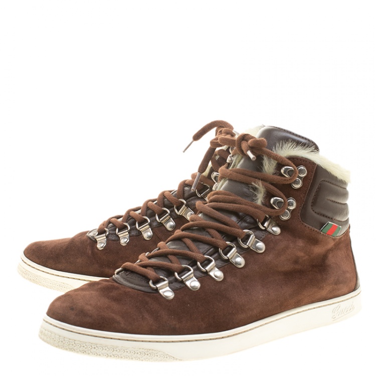 Pre Owned Gucci Brown Suede with Fur Trim High Top Sneakers Size 42