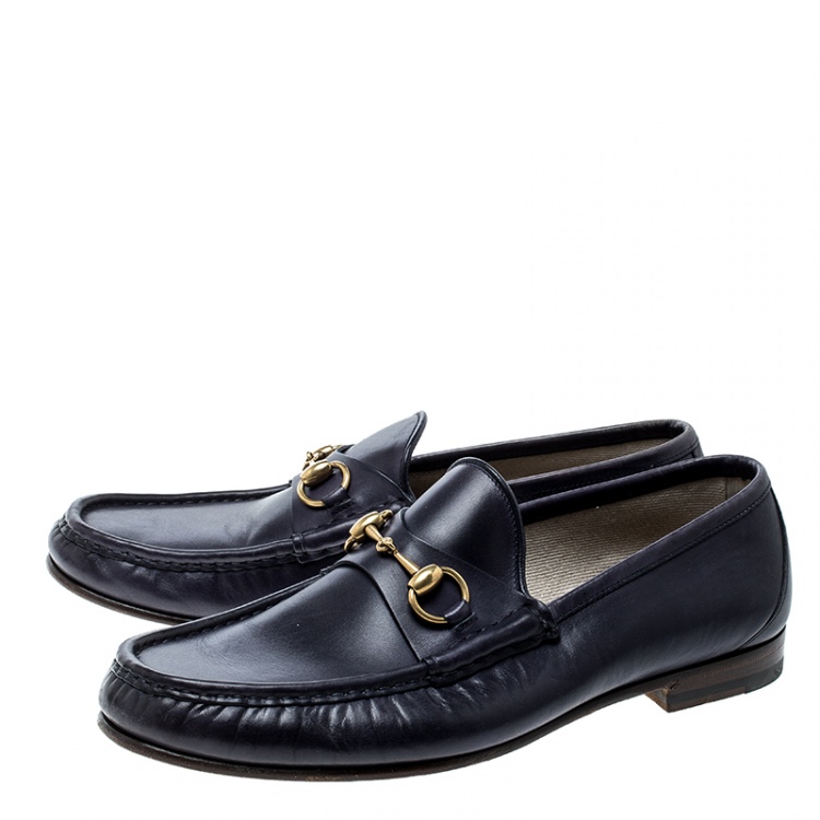 Pre Owned Gucci Blue Leather Horsebit Loafers Size 42.5