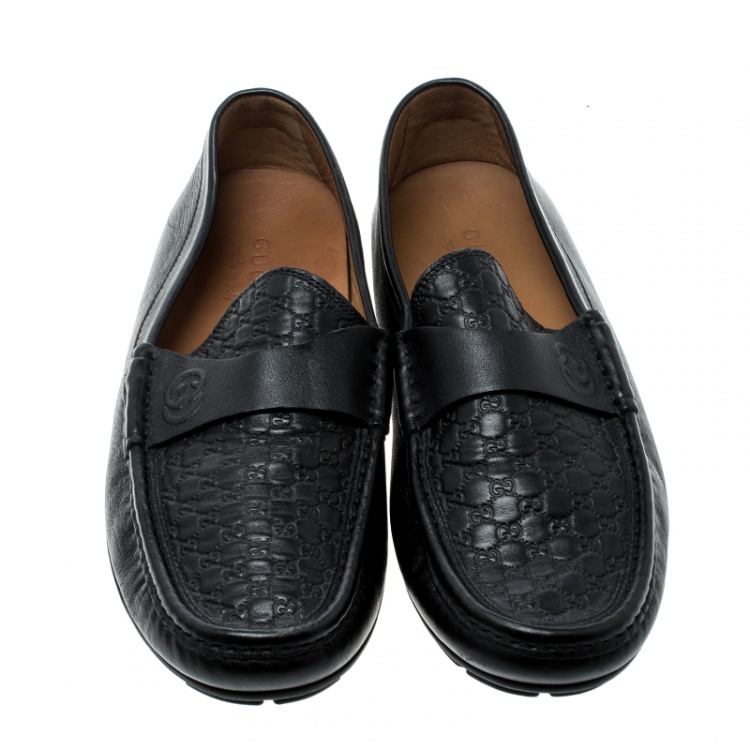 Pre Owned Gucci Black Guccissima Leather GG Loafers Size 42