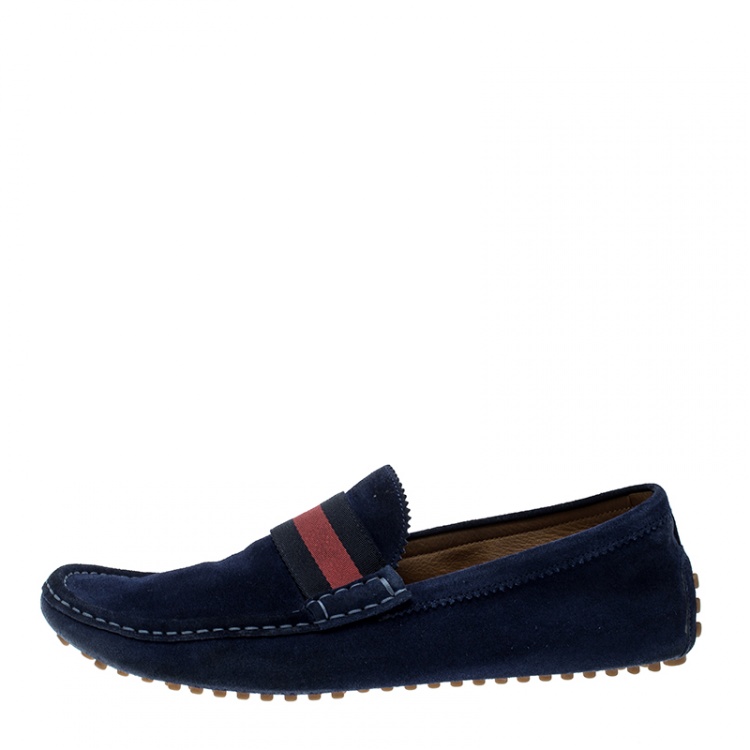 Pre Owned Gucci Blue Suede Web Detail Loafers Size 45