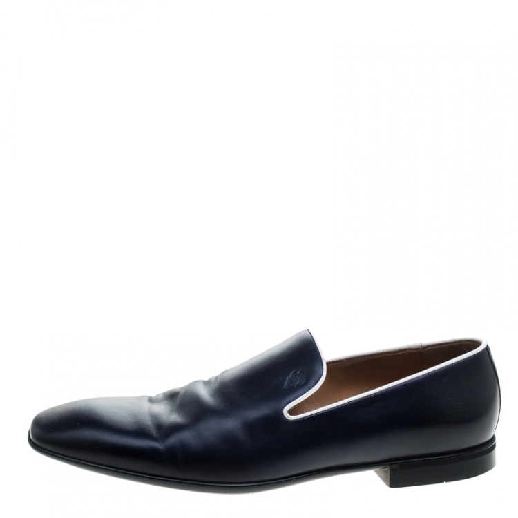 Pre Owned Gucci Navy Blue Leather Crest Logo Loafers Size 41.5