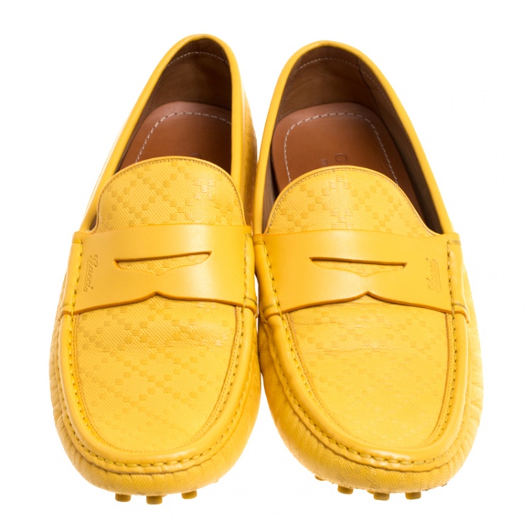 Pre Owned Gucci Yellow Diamante Leather Driver Loafers Size 44.5