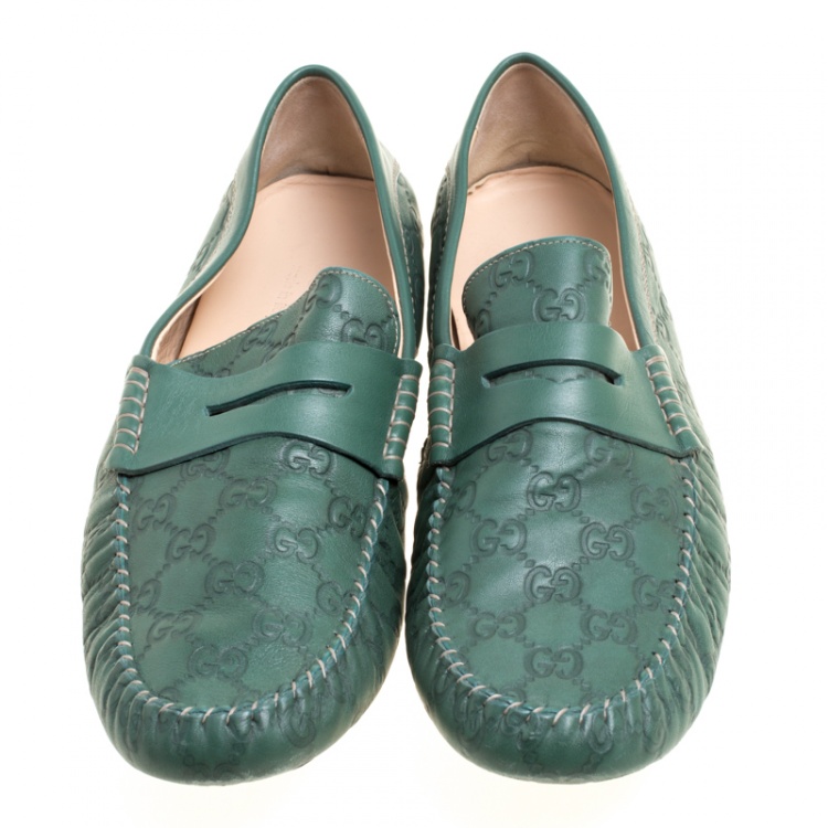 Pre Owned Gucci Green Guccissima Leather Driver Moccasins Size 45.5