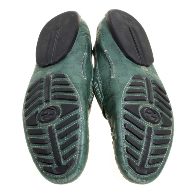 Pre Owned Gucci Green Guccissima Leather Driver Moccasins Size 45.5