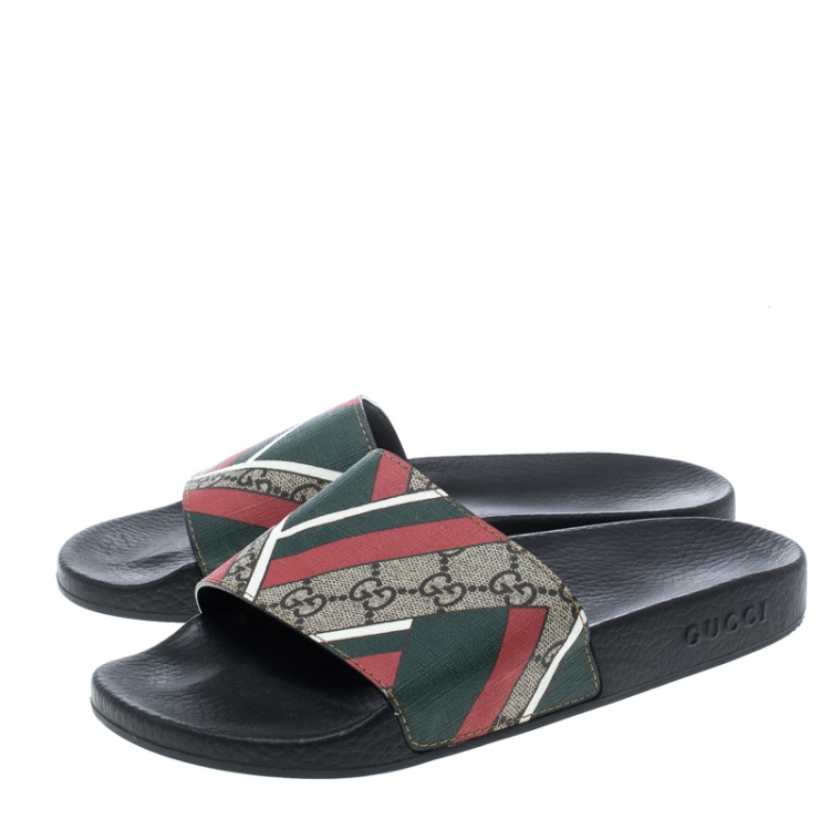 Pre Owned Gucci Beige Web Print GG Supreme Canvas Flat Slide Sandals Size 40
