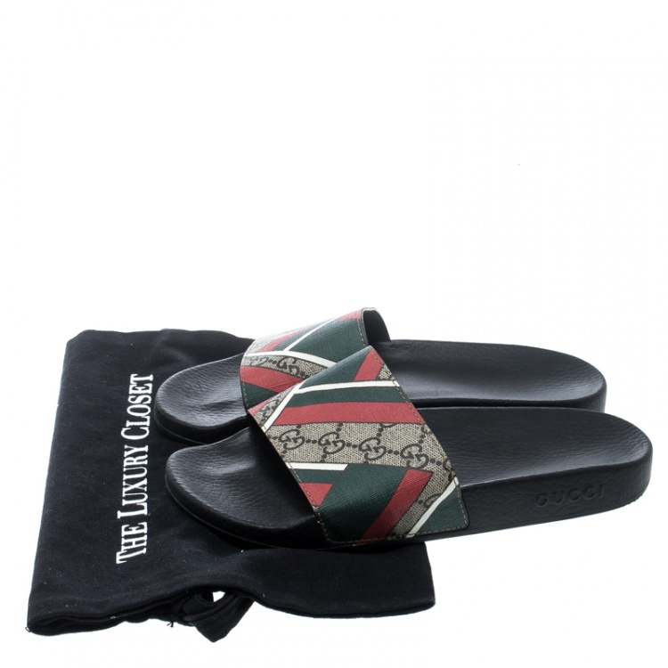 Pre Owned Gucci Beige Web Print GG Supreme Canvas Flat Slide Sandals Size 40