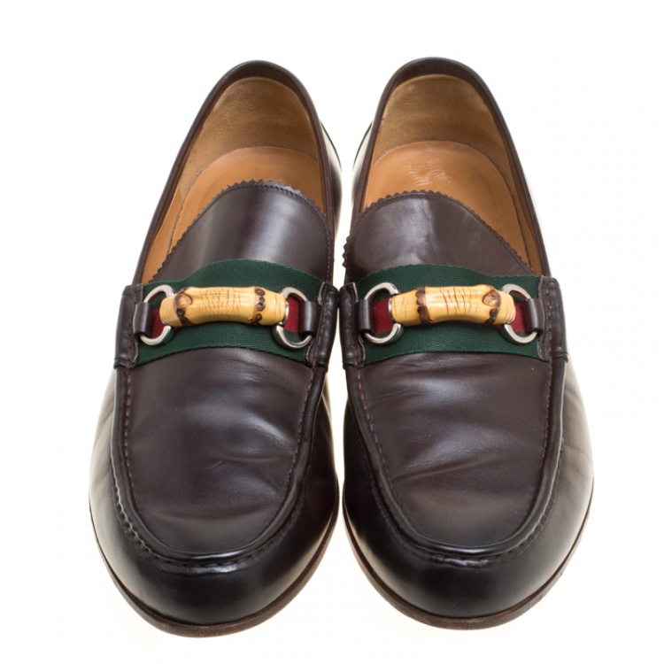 Pre Owned Gucci Dark Brown Leather Bamboo Web Loafers Size 45.5