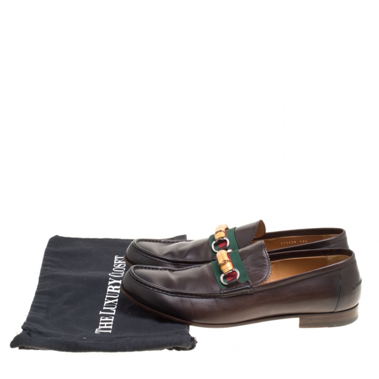 Pre Owned Gucci Dark Brown Leather Bamboo Web Loafers Size 45.5