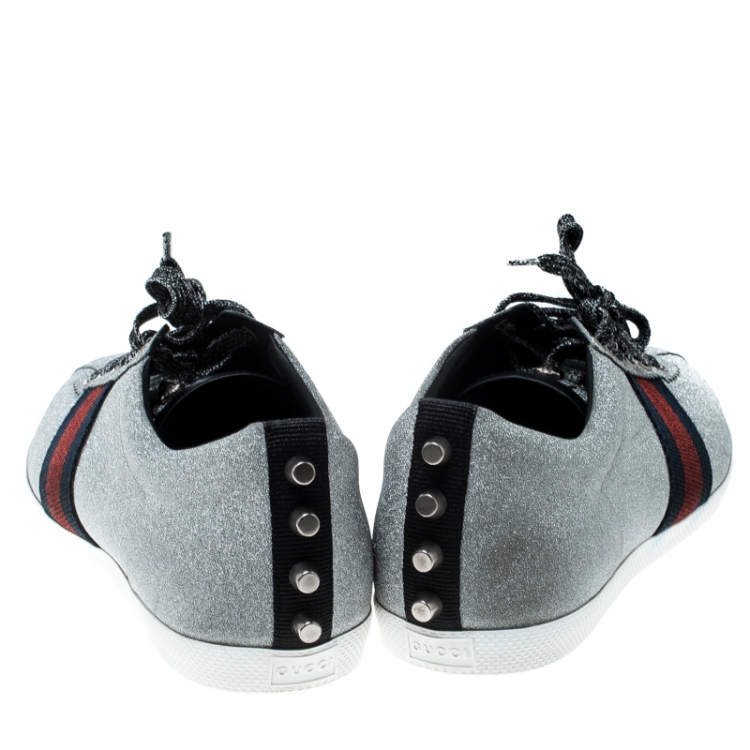 Pre Owned Gucci Metallic Silver Glitter Coated Fabric Bambi Web Detail Studded Low Top Sneakers Size 44.5