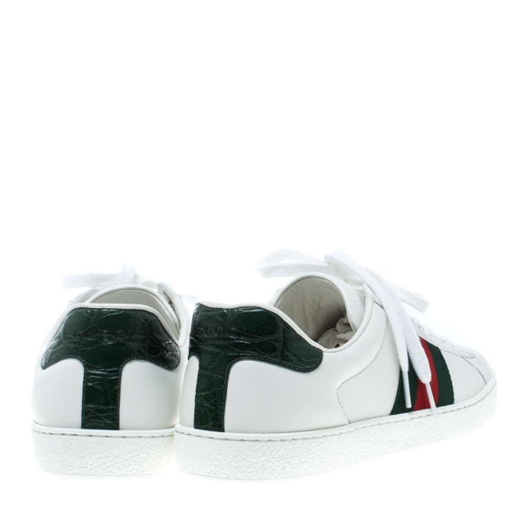Pre Owned Gucci White Leather Croc Trim Web Detail Ace Low Top Sneakers Size 42