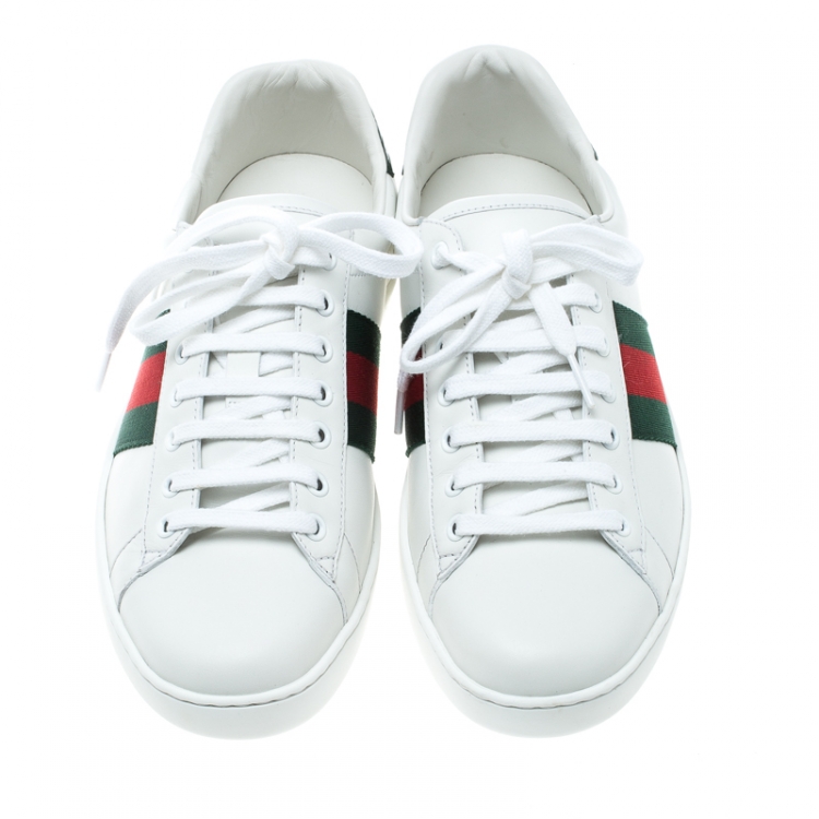 Pre Owned Gucci White Leather Croc Trim Web Detail Ace Low Top Sneakers Size 42