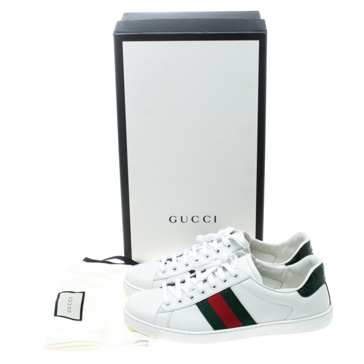 Pre Owned Gucci White Leather Croc Trim Web Detail Ace Low Top Sneakers Size 42
