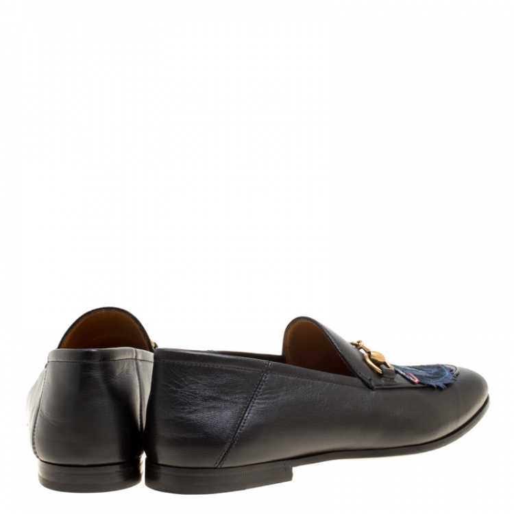 Pre Owned Gucci Black Leather Horsebit Applique Wolf Detail Loafers Size 40.5