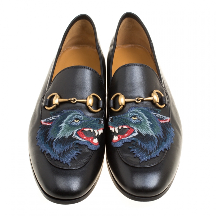 Pre Owned Gucci Black Leather Horsebit Applique Wolf Detail Loafers Size 40.5
