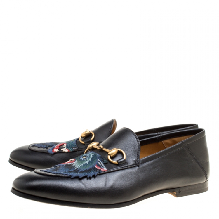 Pre Owned Gucci Black Leather Horsebit Applique Wolf Detail Loafers Size 40.5